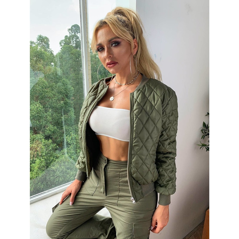 Glam Zip Up Quilted Bomber Jacket olive green - Picture 4 of 8